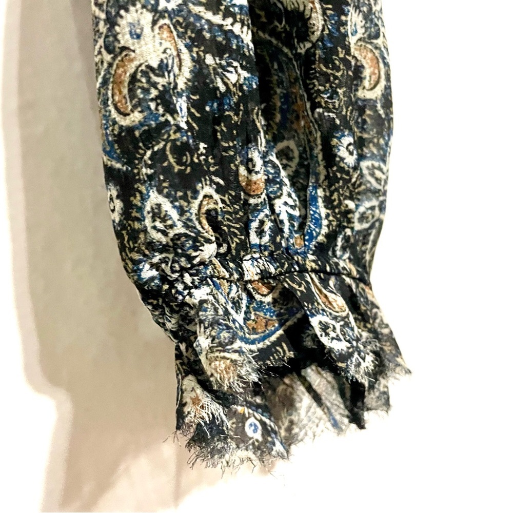 FREE PEOPLE LOLITA PEASANT BLOUSE BOHO CROP TOP PAISLEY FRAYED‎ TRIM SIZE L - Picture 7 of 10